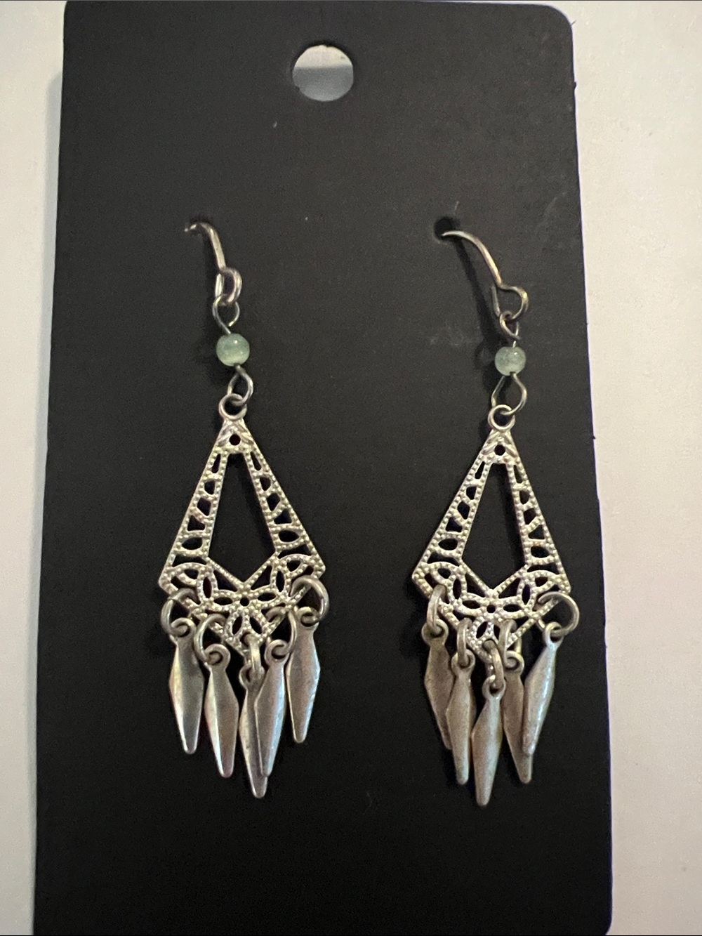 Vintage Silver-Tone Filigree Dangle Earrings with Green Accent Bead